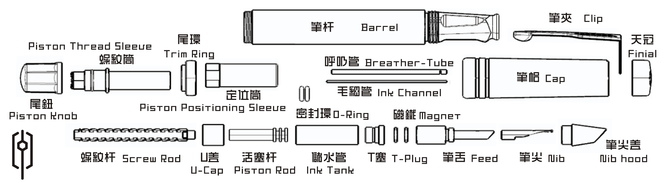 Exploded view with bilingual labels for piston knob, sleeves, barrel, cap, breather tube, ink channel, feed, nib, and related parts.